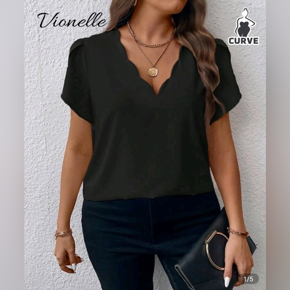 Black Scallop V-Neck Women's Top